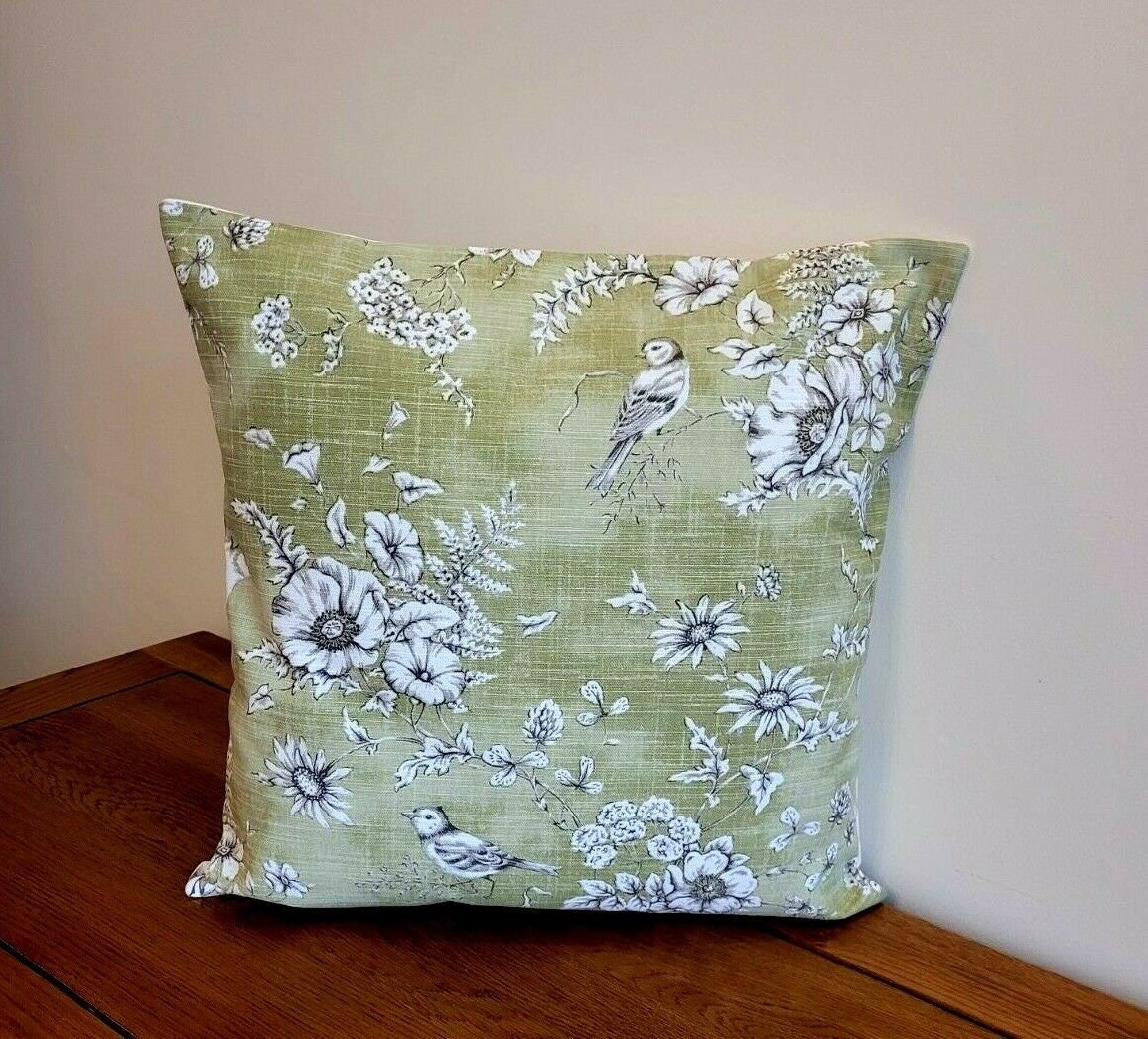 Decorative Cushion Pillow Cover Finch Toile Willow Green Bird Design 10" 12 " 14" 16" 17" 18" 20" 22" 24" 26" Handmade 100% Cotton - CushionCoverAndDecor