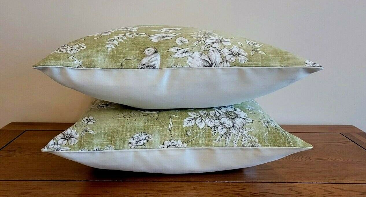 Decorative Cushion Pillow Cover Finch Toile Willow Green Bird Design 10" 12 " 14" 16" 17" 18" 20" 22" 24" 26" Handmade 100% Cotton - CushionCoverAndDecor