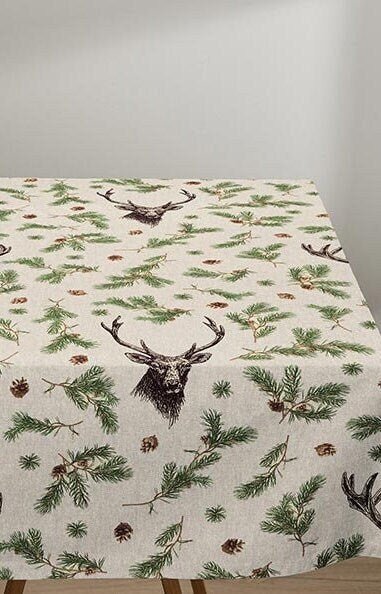 Deer Fir Branches Tablecloth , Deer Fir Branches Napkins , Christmas Linen Tablecloth , Tablecloth UK - CushionCoverAndDecor