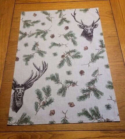 Deer Fir Branches Tea Towel , Fir Branches Tea Towel , Deer Tea Towel , Christmas Tea Towel , Cotton Rich Linen Look Fabric - CushionCoverAndDecor