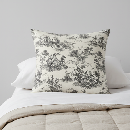 Schwarzer Vintage-Kissenbezug im französischen Toile-de-Jouy-Muster
