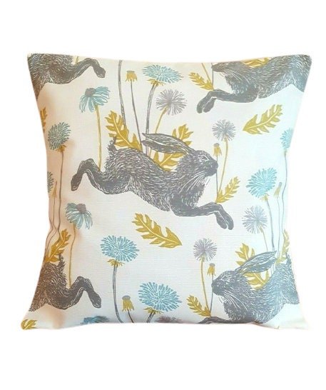 Easter Cushion Cover March Hare Mineral Blue Design 12" 14" 16" 17" 18" 20" 22" 24" 26" Handmade 100% Cotton - CushionCoverAndDecor