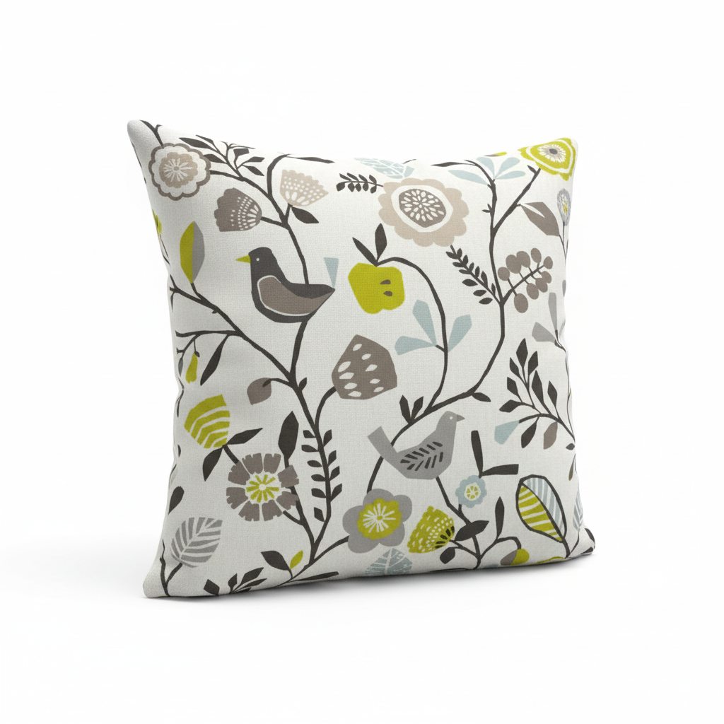 Folki Scandi Bird Floral Chartreuse Charcoal Cushion Cover