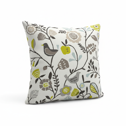 Folki Scandi Bird Floral Chartreuse Charcoal Cushion Cover