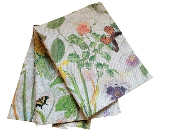 Fabric Napkins Secret Garden Floral Butterfly Linen Look Design , Floral Cloth Napkins , Napkins UK - CushionCoverAndDecor