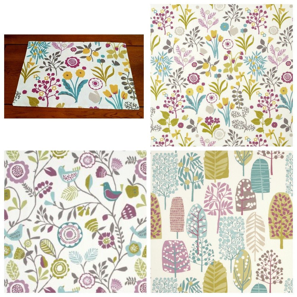 Fabric Placemats 12"x17" Clarke & Clarke Heather Olive Purple Bird Floral Design 100% Cotton Handmade - CushionCoverAndDecor