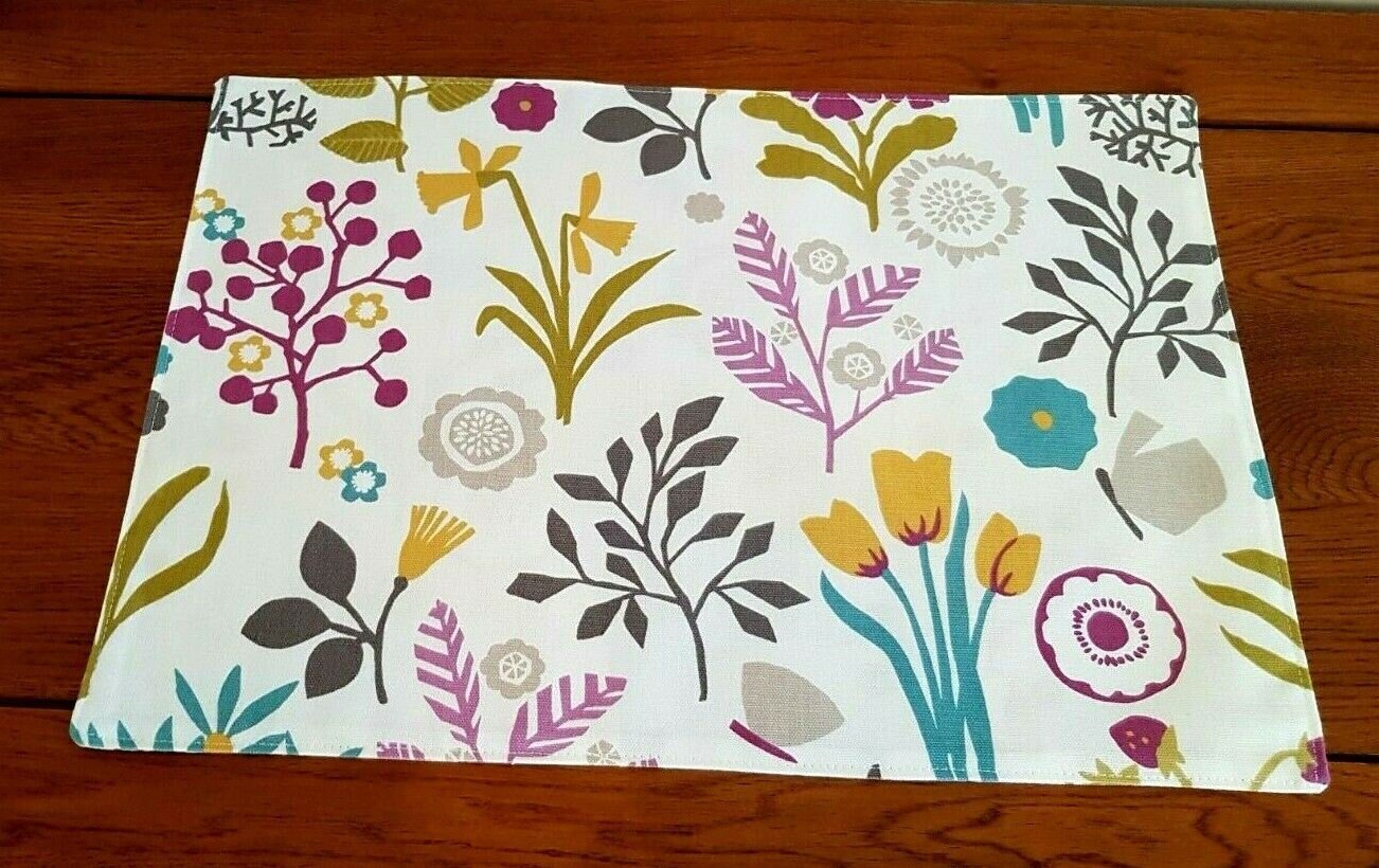 Fabric Placemats 12"x17" Clarke & Clarke Heather Olive Purple Bird Floral Design 100% Cotton Handmade - CushionCoverAndDecor