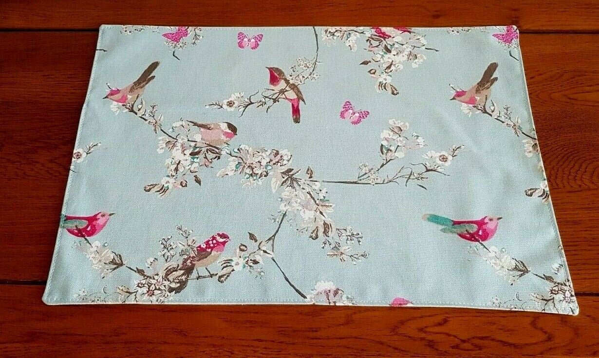 Fabric Placemats Blue Pink Duck-Egg Birds Floral 12"x17" Clarke & Clarke Design 100% Cotton Handmade - CushionCoverAndDecor