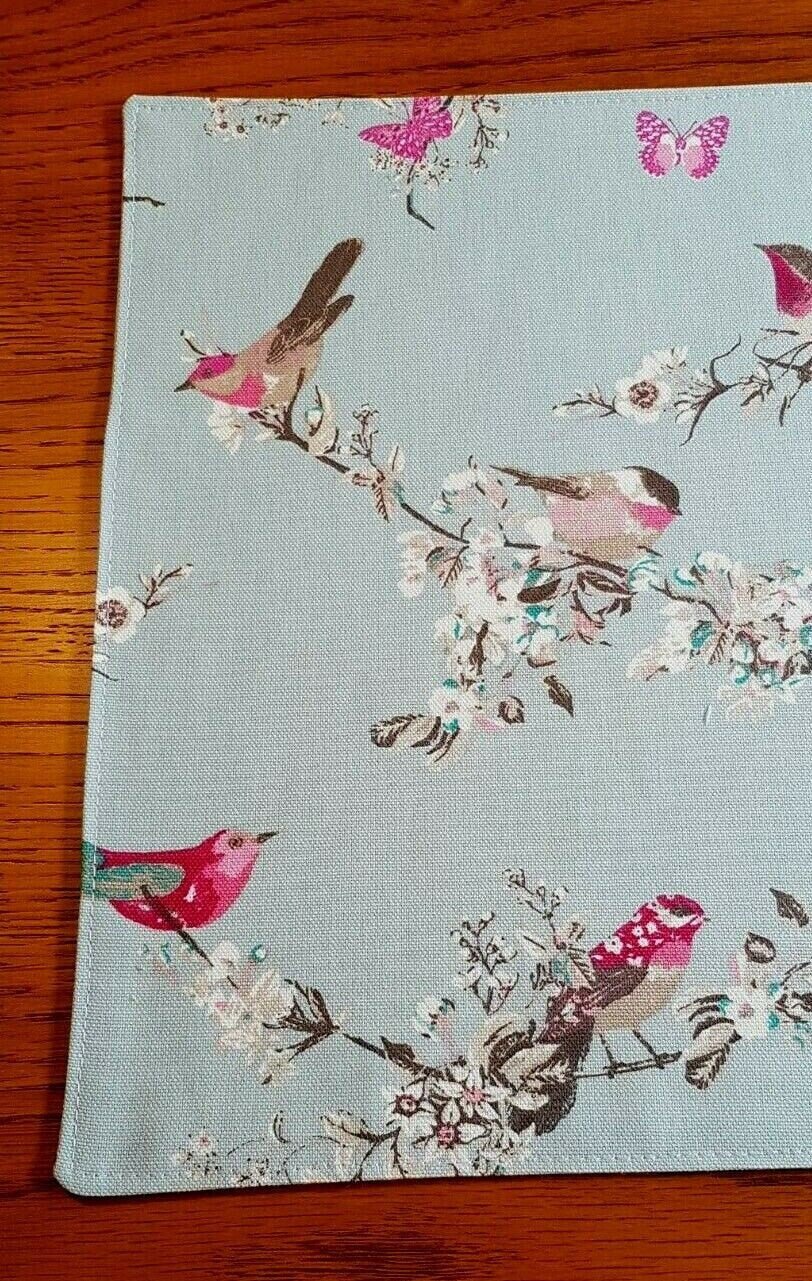 Fabric Placemats Blue Pink Duck-Egg Birds Floral 12"x17" Clarke & Clarke Design 100% Cotton Handmade - CushionCoverAndDecor