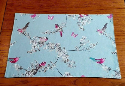 Fabric Placemats Blue Pink Duck-Egg Birds Floral 12"x17" Clarke & Clarke Design 100% Cotton Handmade - CushionCoverAndDecor