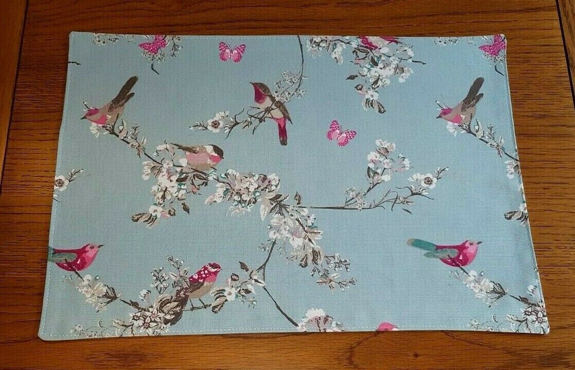 Fabric Placemats Blue Pink Duck-Egg Birds Floral 12"x17" Clarke & Clarke Design 100% Cotton Handmade - CushionCoverAndDecor