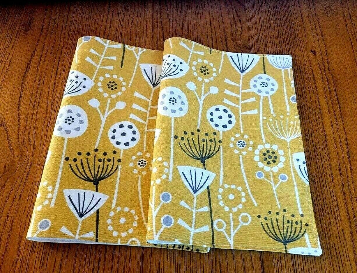 Fabric Placemats Fryetts Bergen Burnt Orange , Ochre Yellow , Blue Scandinavian Floral Design 100% Cotton - CushionCoverAndDecor