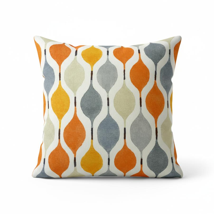 Decorative pillow with orange, gray, and beige pattern on a white background