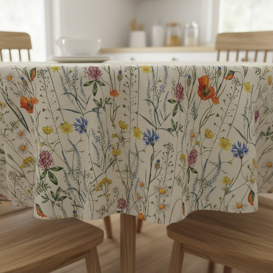 Tischdecke mit Trockenblumen, hellbeige