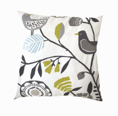 Folki Scandi Birds Cushion Cover , Chartreuse Charcoal Pillow Cover , Floral Cushion , Decorative Cushion , Throw Pillow , Cushion Cover UK - CushionCoverAndDecor