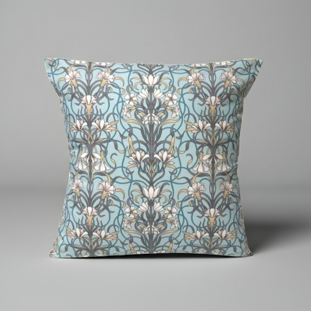 Arts & Crafts Style Floral Duck Egg Blue Cushion Cover