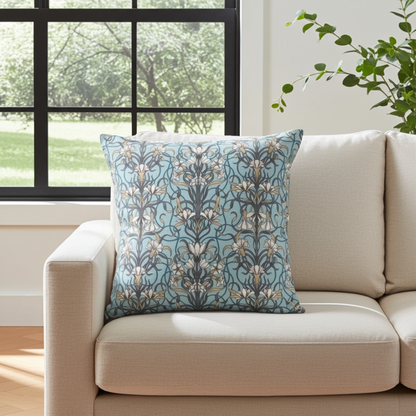 Arts & Crafts Style Floral Duck Egg Blue Cushion Cover