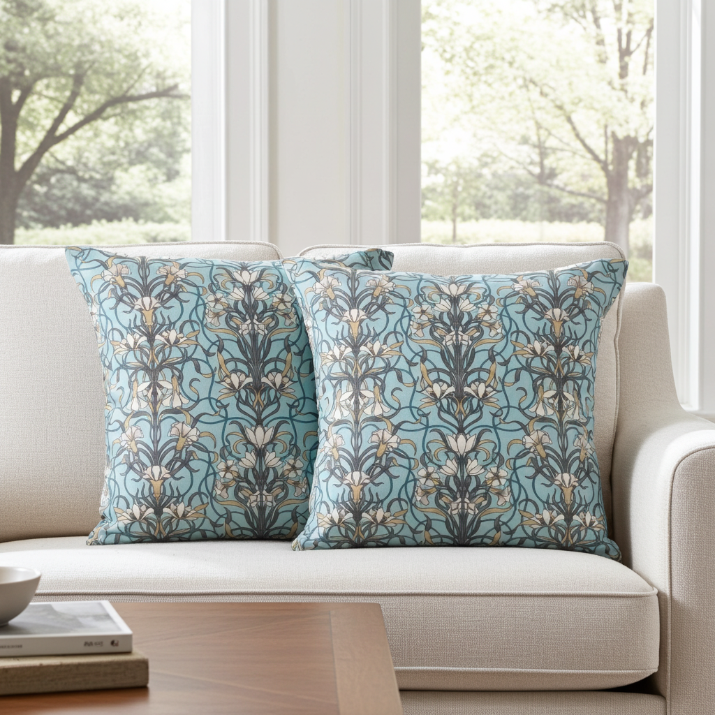 Arts & Crafts Style Floral Duck Egg Blue Cushion Cover
