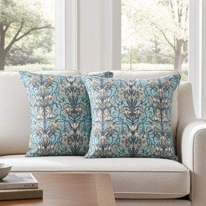 Arts & Crafts Style Floral Duck Egg Blue Cushion Cover