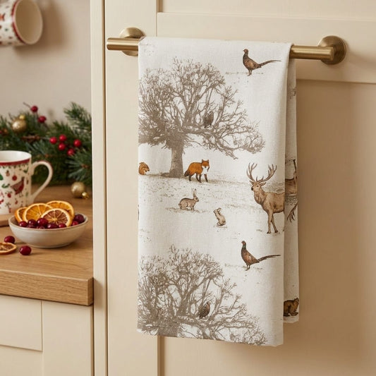 Woodland Stag & Deer Christmas Tea Towel – Tatton Autumn Wildlife Kitchen Towel