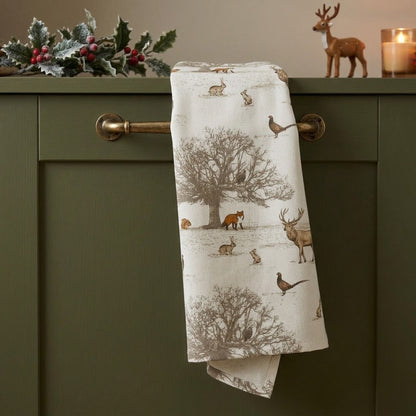Woodland Stag & Deer Christmas Tea Towel – Tatton Autumn Wildlife Kitchen Towel