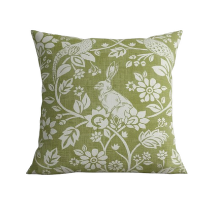 Heathland Moss Green Floral Wildlife Hares Game Cushion Cover