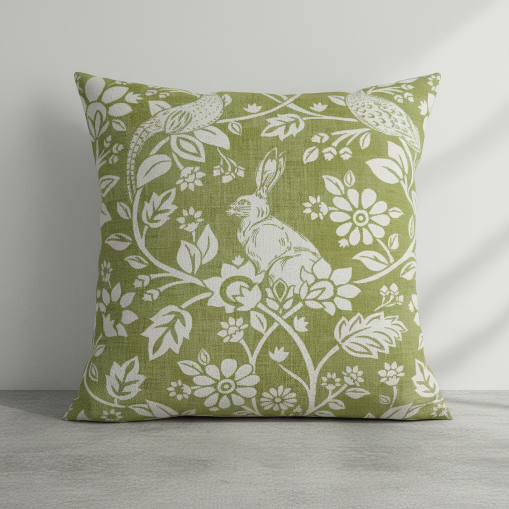 Heathland Moss Green Floral Wildlife Hares Game Cushion Cover