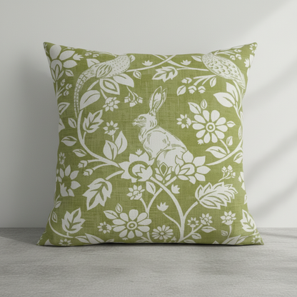 Heathland Moss Green Floral Wildlife Hares Game Cushion Cover