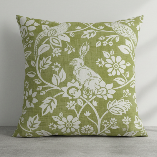Heathland Moss Green Floral Wildlife Hares Game Cushion Cover
