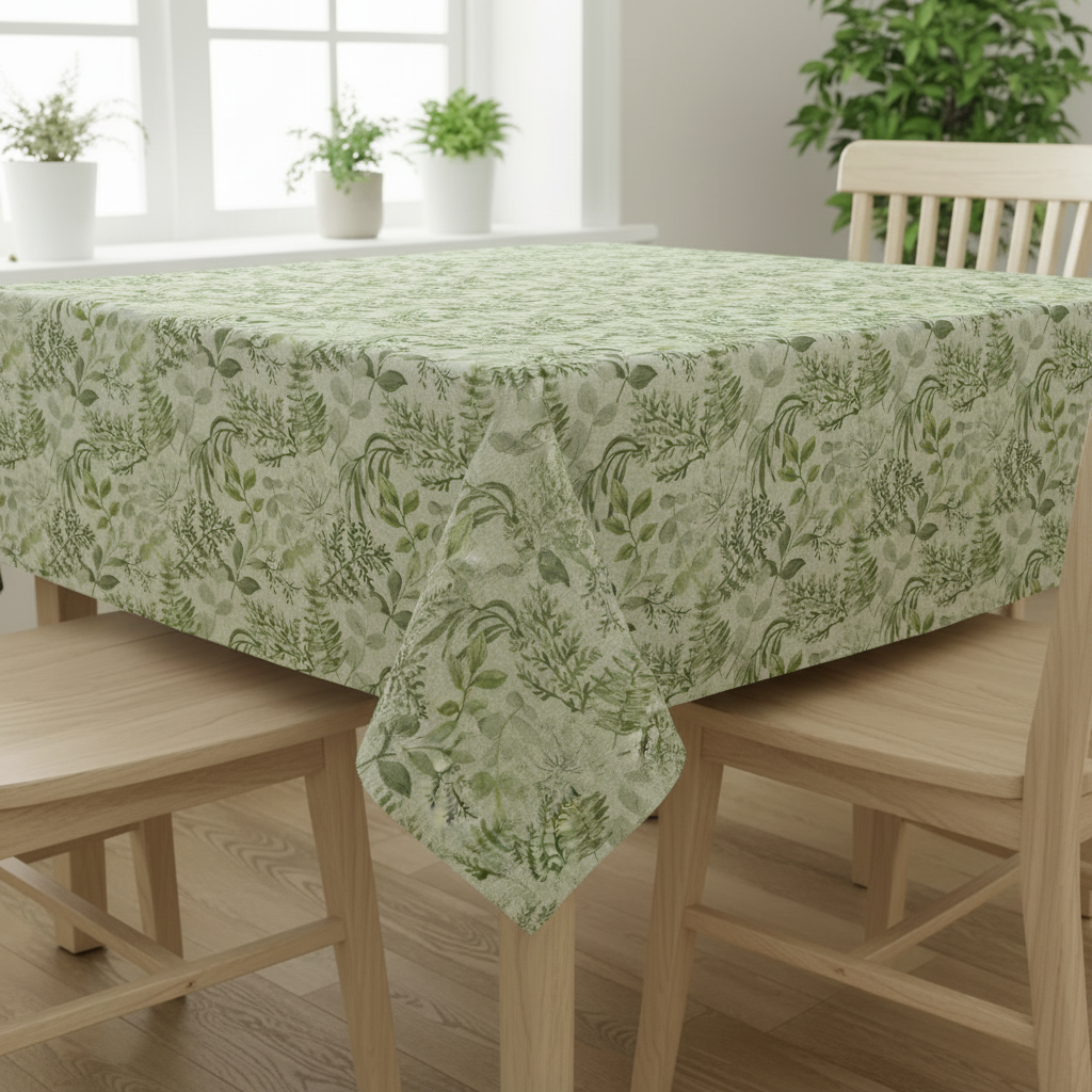 Tischdecke mit Blumenmuster, Tischdecke mit Blättermuster, Tischdecke aus grün-grauem Leinen, Tischdecke in Leinenoptik mit Blumenmuster, Tischdecke aus Großbritannien