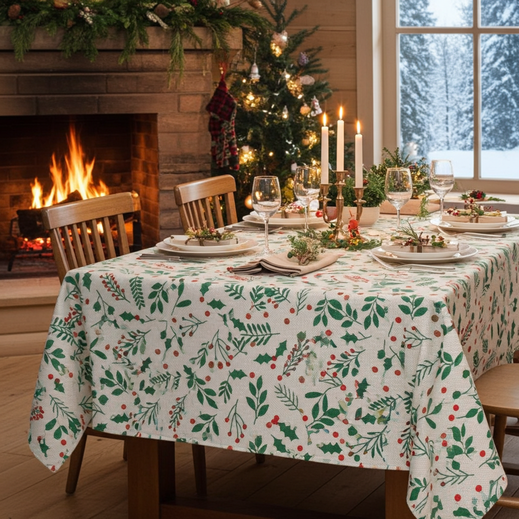 Tischdecke mit Weihnachtsmotiv (Mistelzweig & Beeren) in vielen Größen erhältlich
