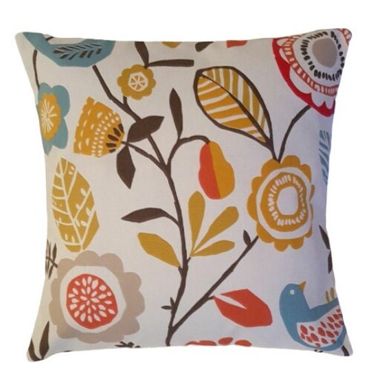 Spice Folki Bird Floral Orange Blue Cushion Cover , Throw Pillow , Scatter Cushions , Cushion Cover UK