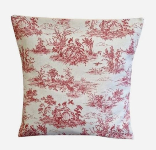 Red Toile De Jouy Cushion Cover, Vintage French Style Throw Pillow