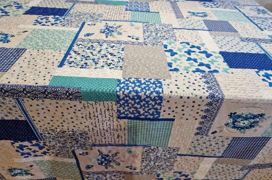 Floral Patchwork Tablecloth, Blue Vintage Cotton Linen