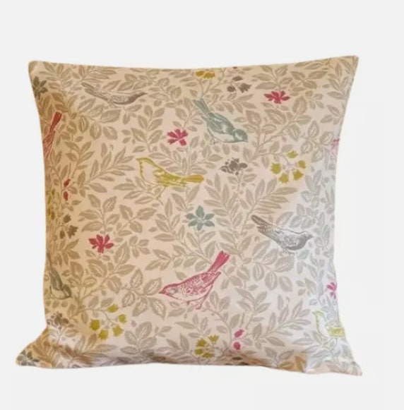 Bird Song Floral Summer Beige Pink Blue Cushion Cover , Throw Pillow , Scatter Cushions , Cushion Cover UK
