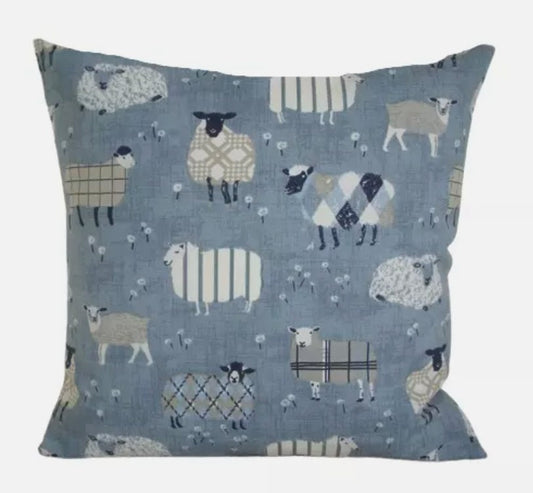 Denim Blue Sheep Cushion Cover, Handmade Cotton Throw Pillow