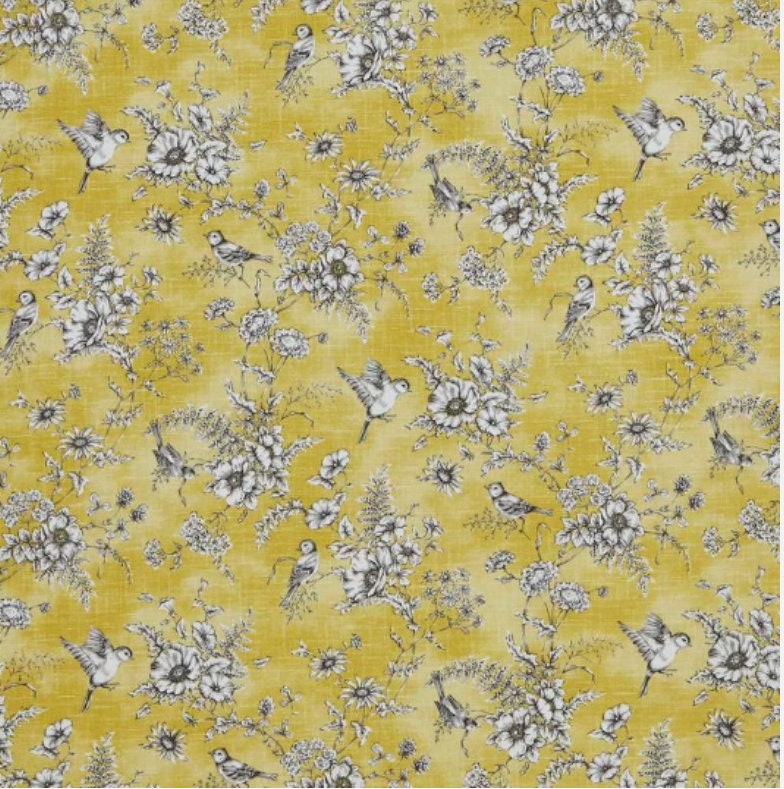 ILiv Finch Toile Yellow Buttercup Cushion Cover , Bird Floral Throw Pillow , Handmade UK
