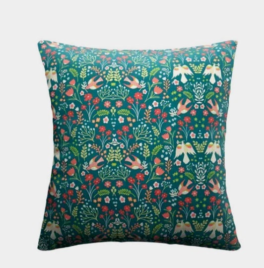 Folklore Birds Floral Cushion Cover , Jade Green Cushion Cover , Throw Pillow , Scatter Cushions