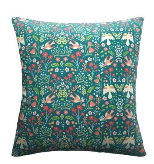 Folklore Birds Floral Cushion Cover , Jade Green Cushion Cover , Throw Pillow , Scatter Cushions