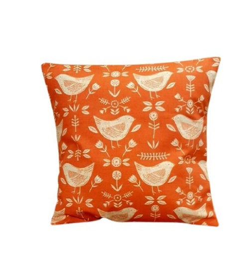 Burnt Orange Bird Print Cushion Cover, Scandinavian Style