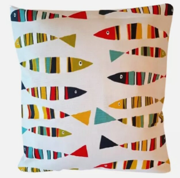 Sardines Fish Cotton Cushion Cover, Tutti Frutti Red Blue, Handmade UK