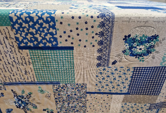 Floral Patchwork Tablecloth, Blue Vintage Cotton Linen