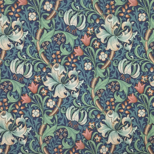 William Morris Coated Tablecloth Golden Lily Midnight , Water Resistant Outdoor, Round Oval Rectangle