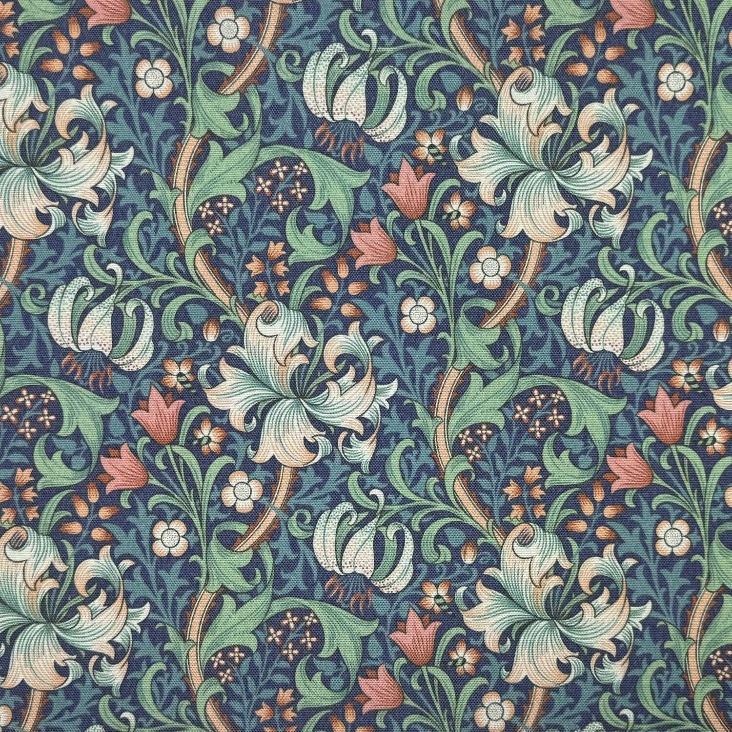 William Morris Coated Tablecloth Golden Lily Midnight , Water Resistant Outdoor, Round Oval Rectangle