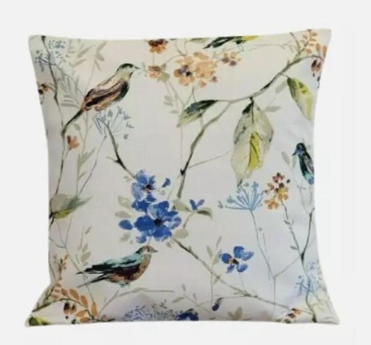 Birdsong Sapphire Blue Bird Floral Cushion Cover , Throw Pillow , Scatter Cushions , Cushion Cover UK