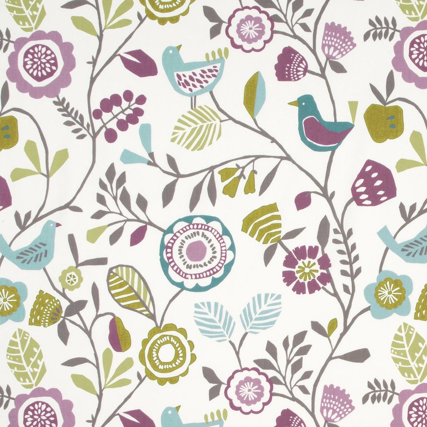 Scandi Floral Birds Tablecloth, Heather Olive, Handmade