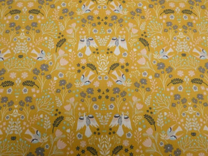 Folklore Birds Floral Ochre Yellow Tablecloth , Flowers Tablecloth , Floral Tablecloth , Round Rectangle Tablecloth , Oval Tablecloth