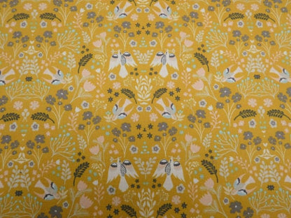 Folklore Birds Floral Ochre Yellow Tablecloth , Flowers Tablecloth , Floral Tablecloth , Round Rectangle Tablecloth , Oval Tablecloth