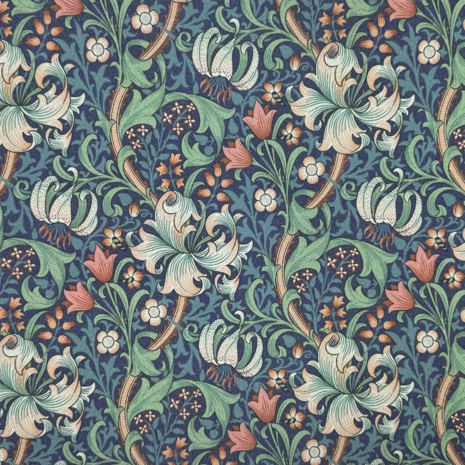 William Morris Coated Tablecloth Golden Lily Midnight , Water Resistant Outdoor, Round Oval Rectangle