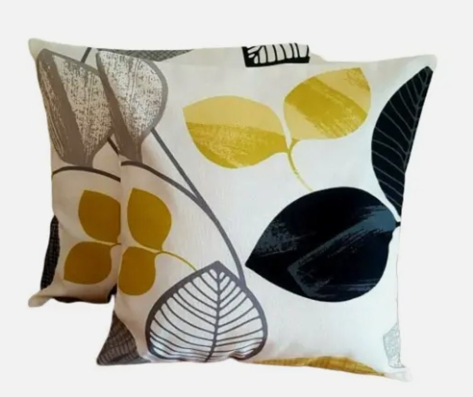 Autumn Leaf Black Mustard Yellow Cushion Cover , Throw Pillow , Scatter Cushions , Cushion Cover UK